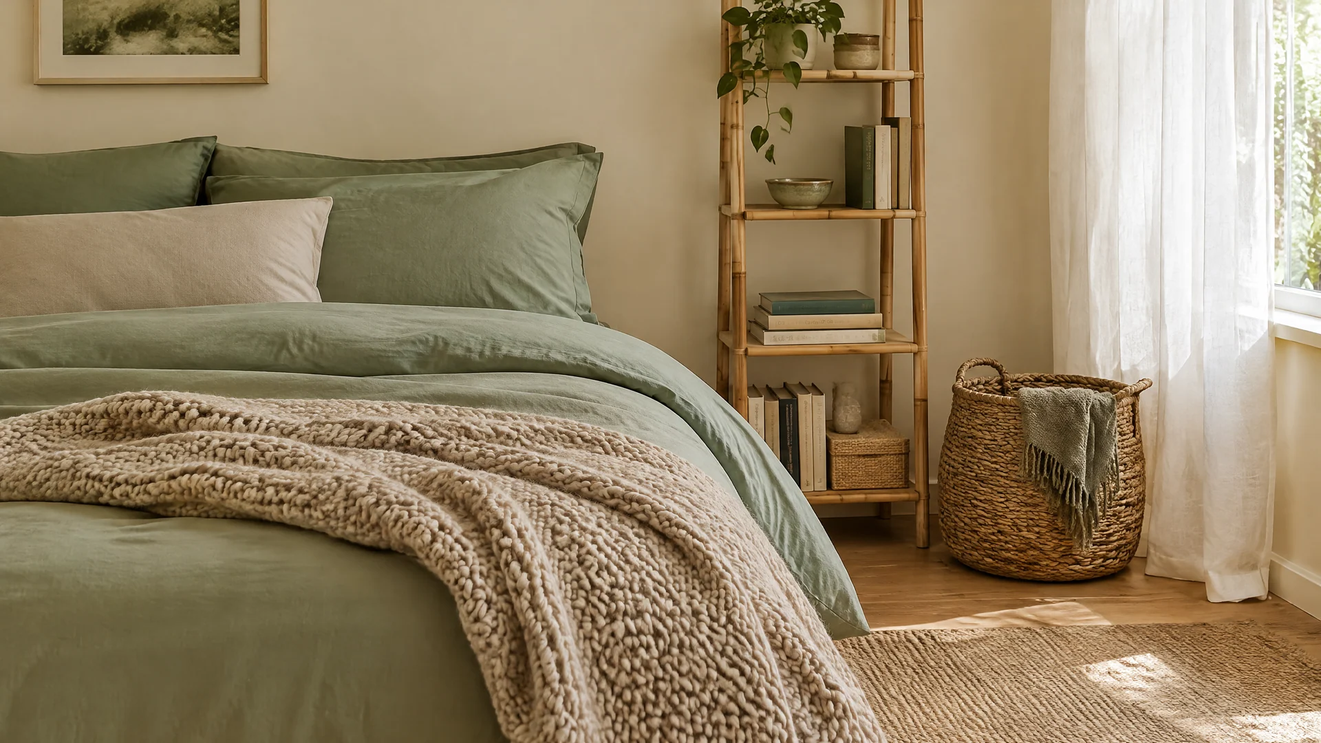 Made bed with sage bedding, an oatmeal chunky knit throw, a wood-tone ladder shelf and a woven-look basket