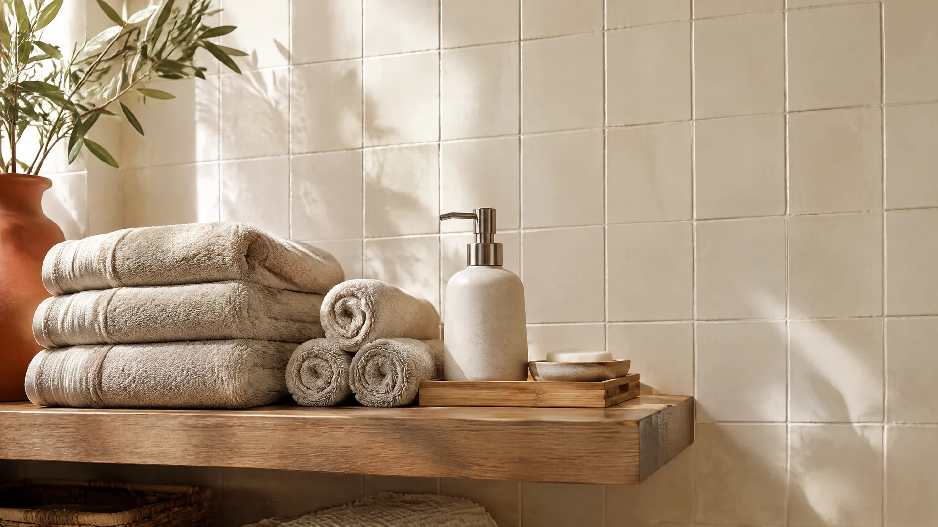 Bathroom shelf with stacked sand towels, rolled washcloths, a white soap dispenser and a wood-tone tray