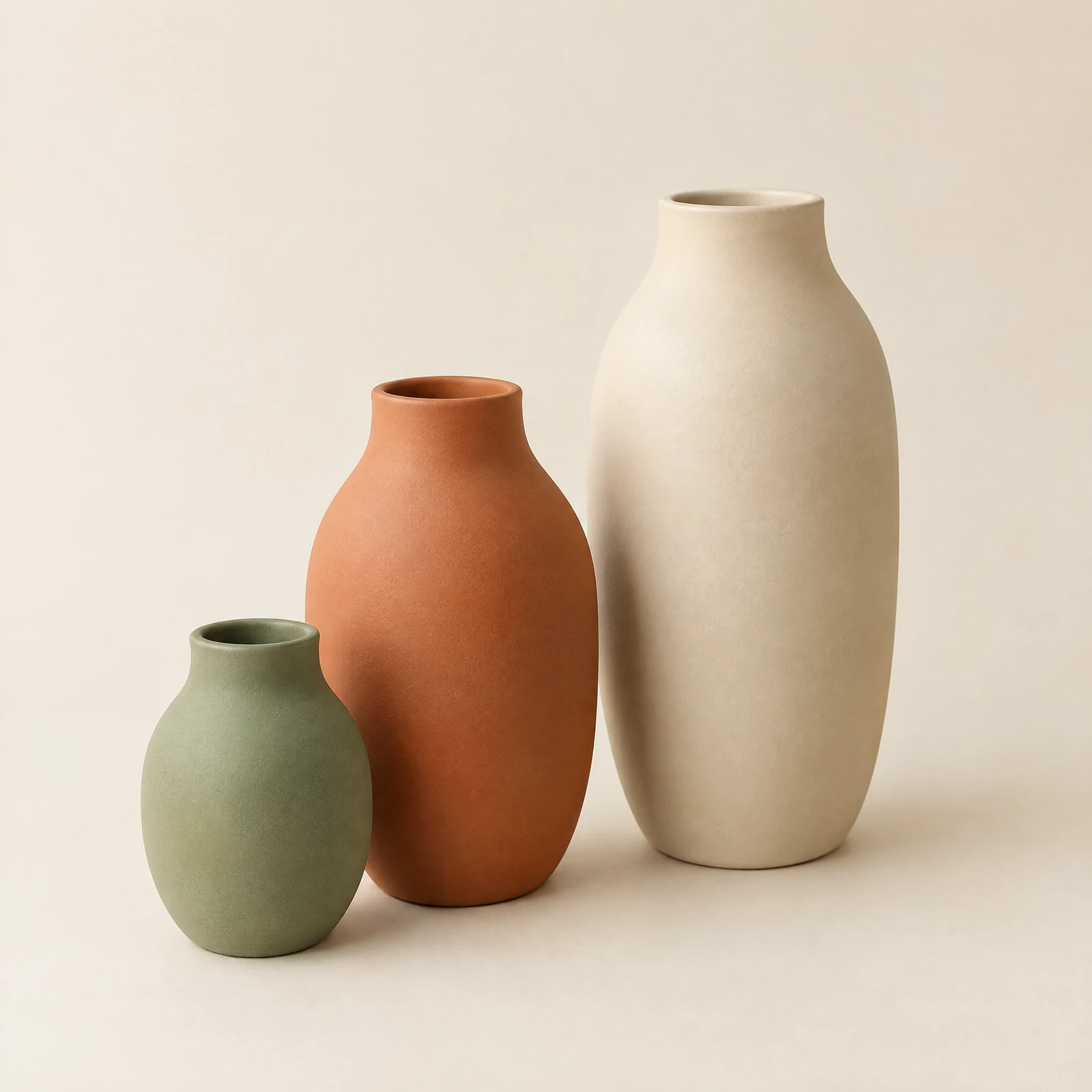 Three matte vases of different heights in sage green, terracotta clay and cream standing together