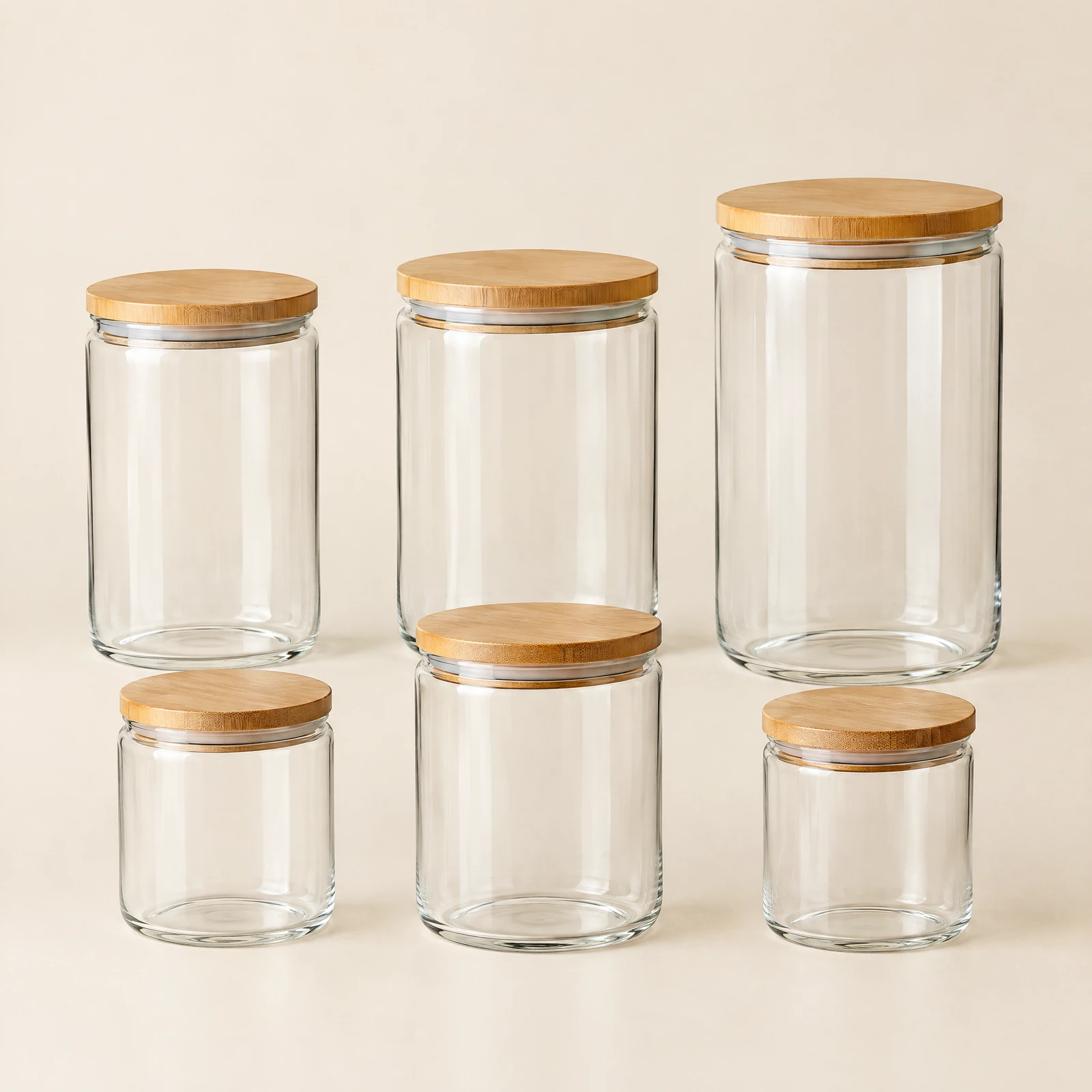 Six clear canisters in three sizes with round wooden-look lids arranged in two rows on a cream backdrop