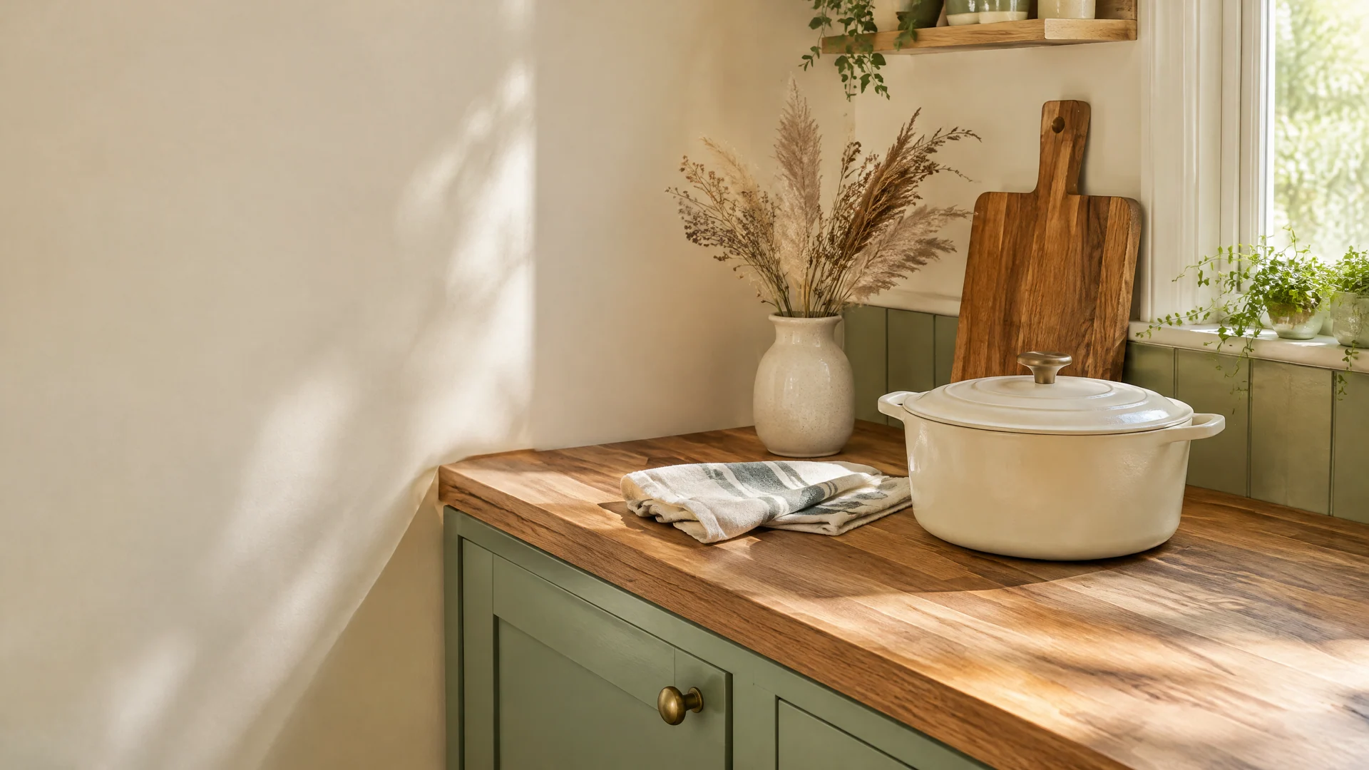 Sunlit kitchen counter with a cream Dutch oven, a wood-tone board, a striped dish towel and a vase of dried grasses