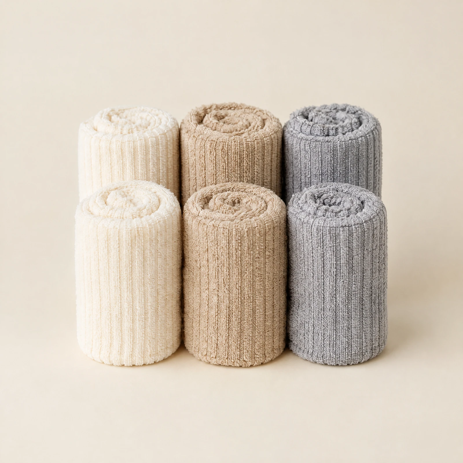 Six rolled ribbed washcloths in cream, sand and grey arranged in a tidy group on a cream backdrop