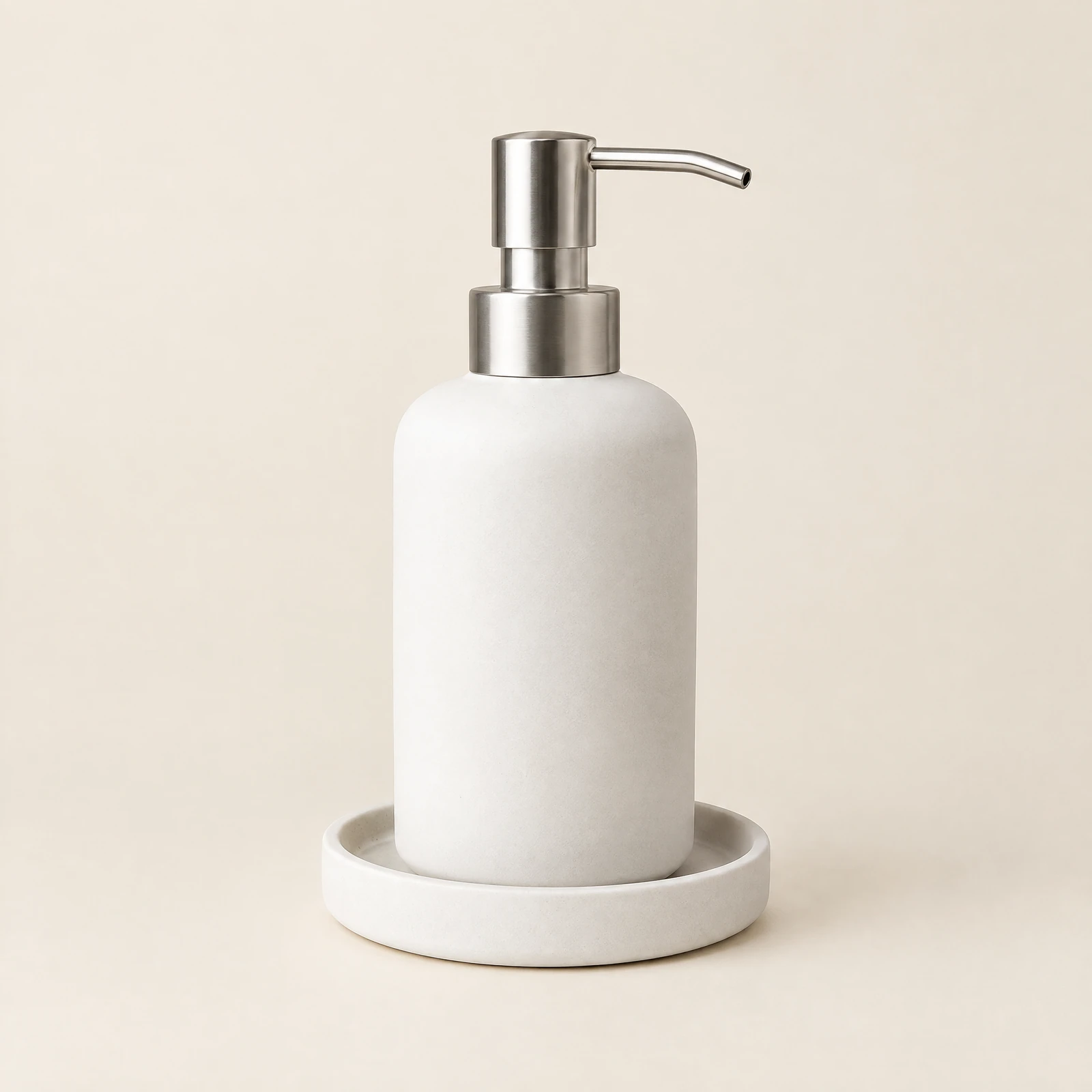 Matte white soap pump bottle with a silver-tone pump resting on a small round matching tray